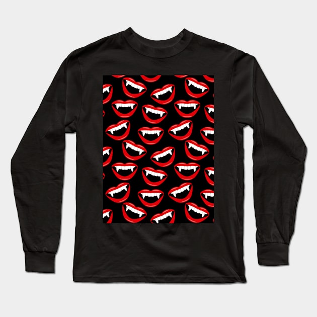 Vampire Red Lips and Fangs Pattern Long Sleeve T-Shirt by HotHibiscus